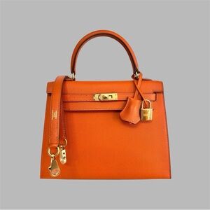 Orange Leather Handbag H Kelly 25 feu burnt orange Epsom sellier citrus GHW